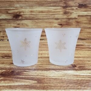 PartyLite Frosted Glass Snowflake Candle Holders Set Of Two Snowy Nights P7278